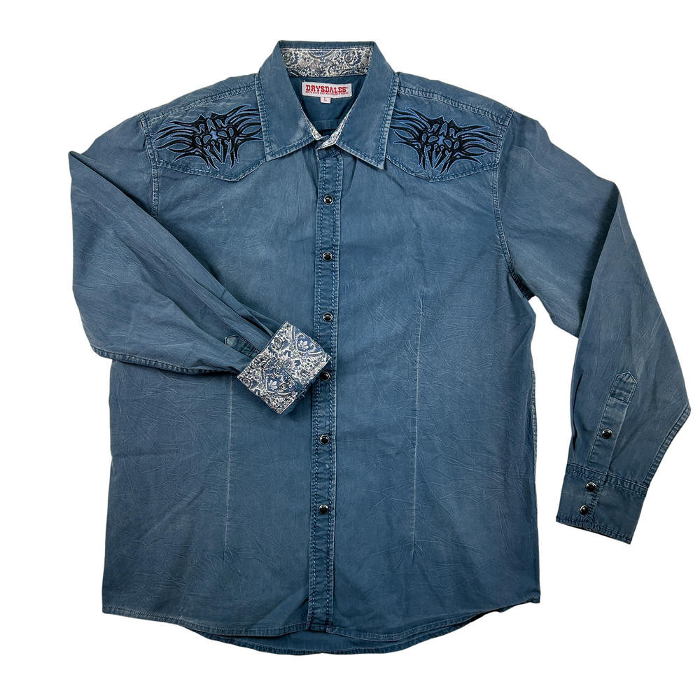 Drysdales Shirt Mens Large Western Cowboy Embroidered Denim Pearl Snap